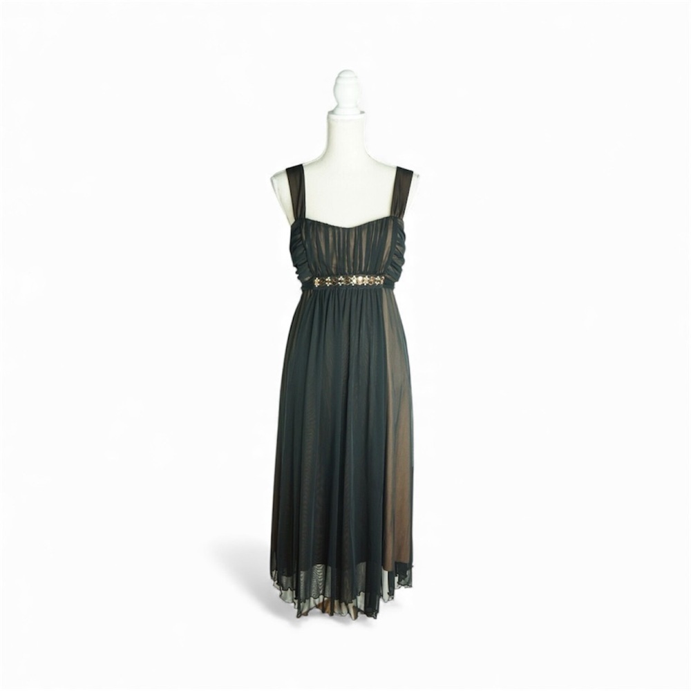 Connected Apparel Black Midi Dress Baby Doll Beaded‎ Waist Renaissance Y2K Fairy